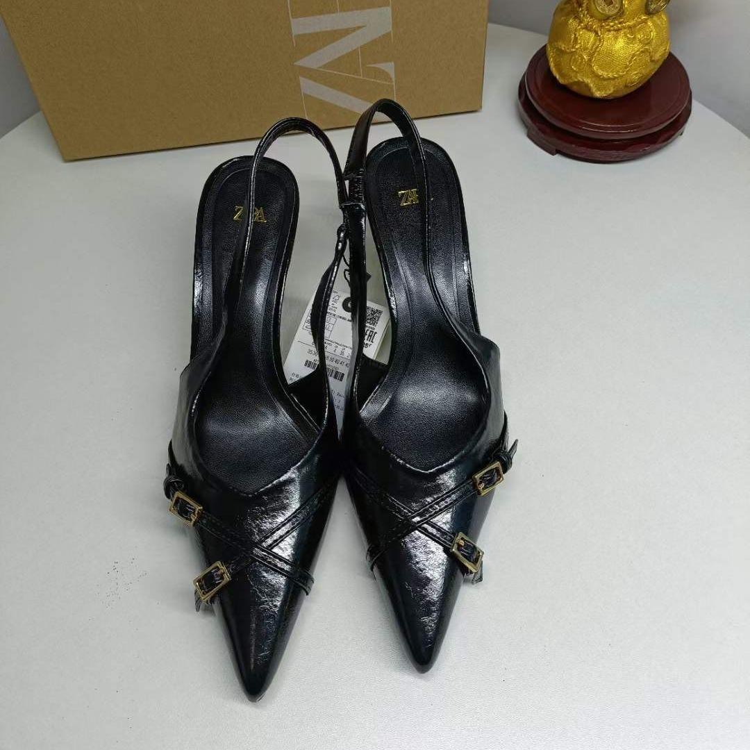 za2024年冬季新款黑色搭扣高跟鞋尖头一字扣带凉鞋时尚气质女凉鞋