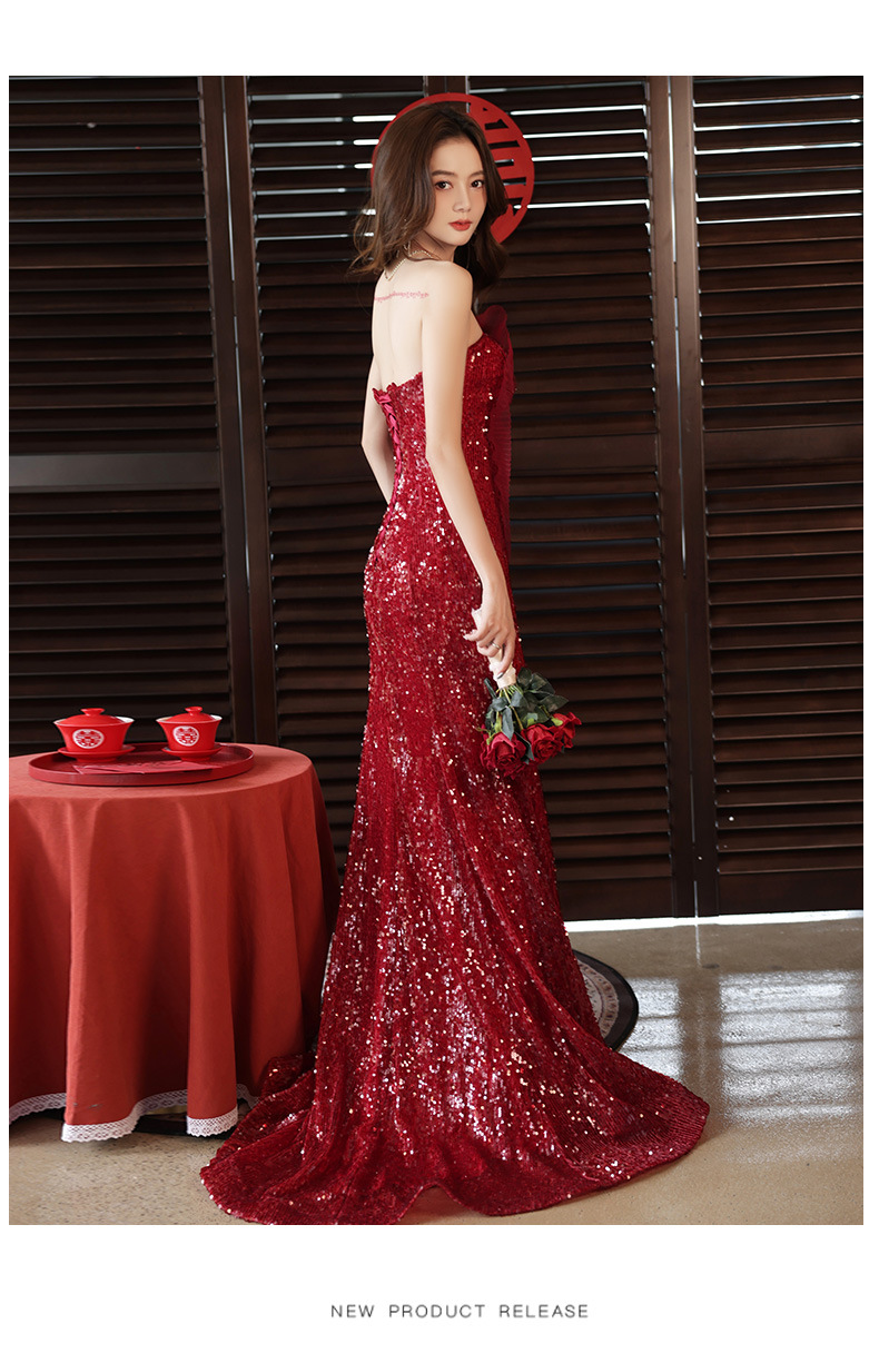 酒红色主持亮片人鱼敬酒服抹胸模特走秀星空拖尾年会18岁成人礼服