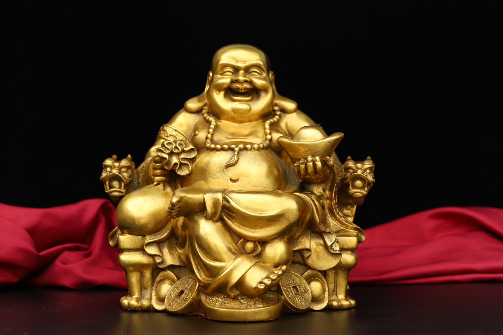 黄铜弥勒佛摆件 大小号坐龙椅大肚笑佛家居供奉玄关收银台工艺品