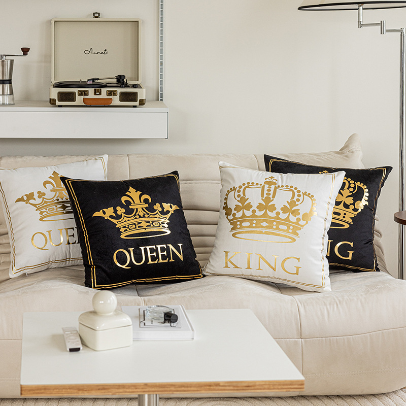 Crown Bronzing Printed Pillow Cover Short Plush Black and White Two-Color Cross-Border Home Sofa Cushion Cover Letters Throw Pillowcase