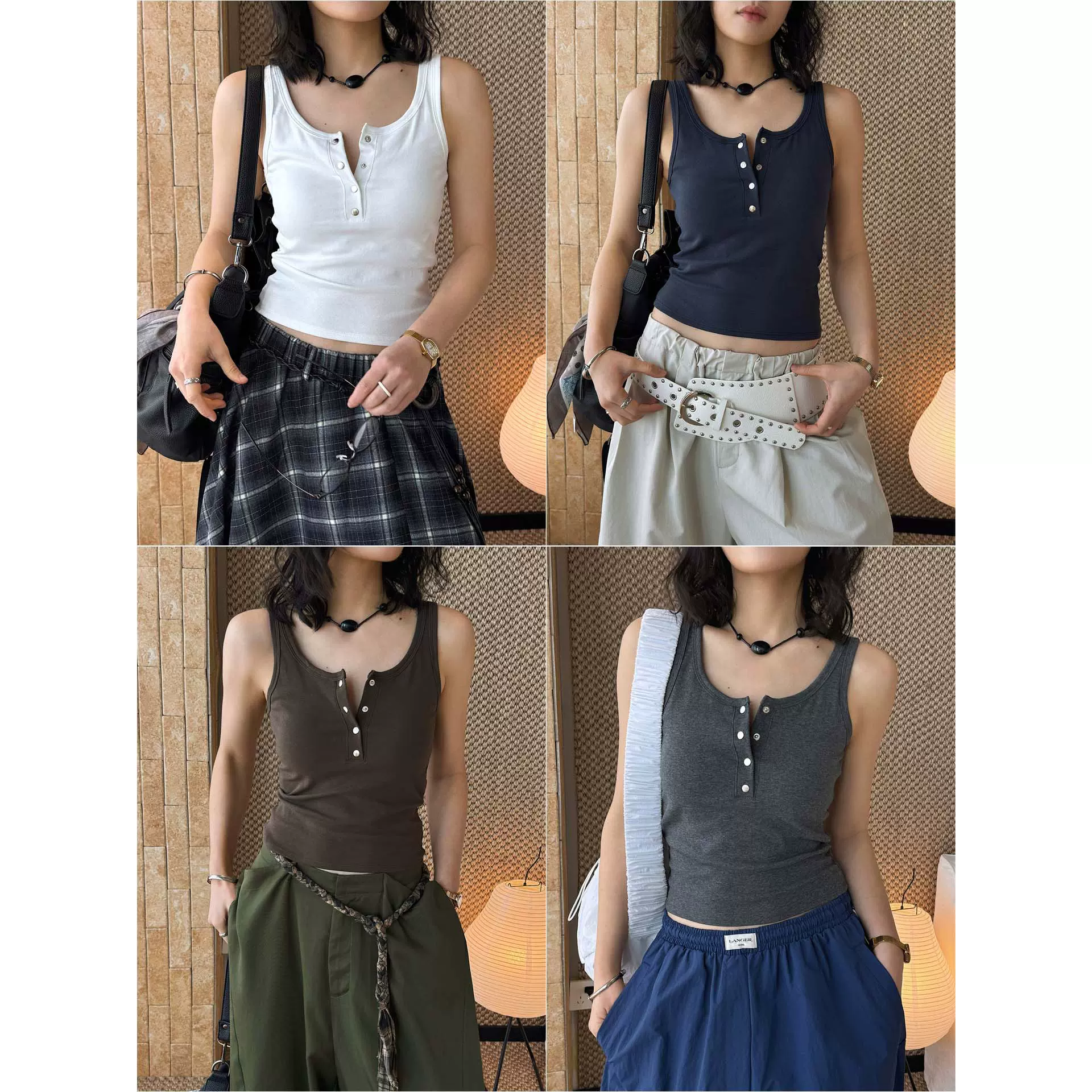 卢浮春季新款美式复古时髦基础款纽扣工字短背心显瘦气质上衣女
