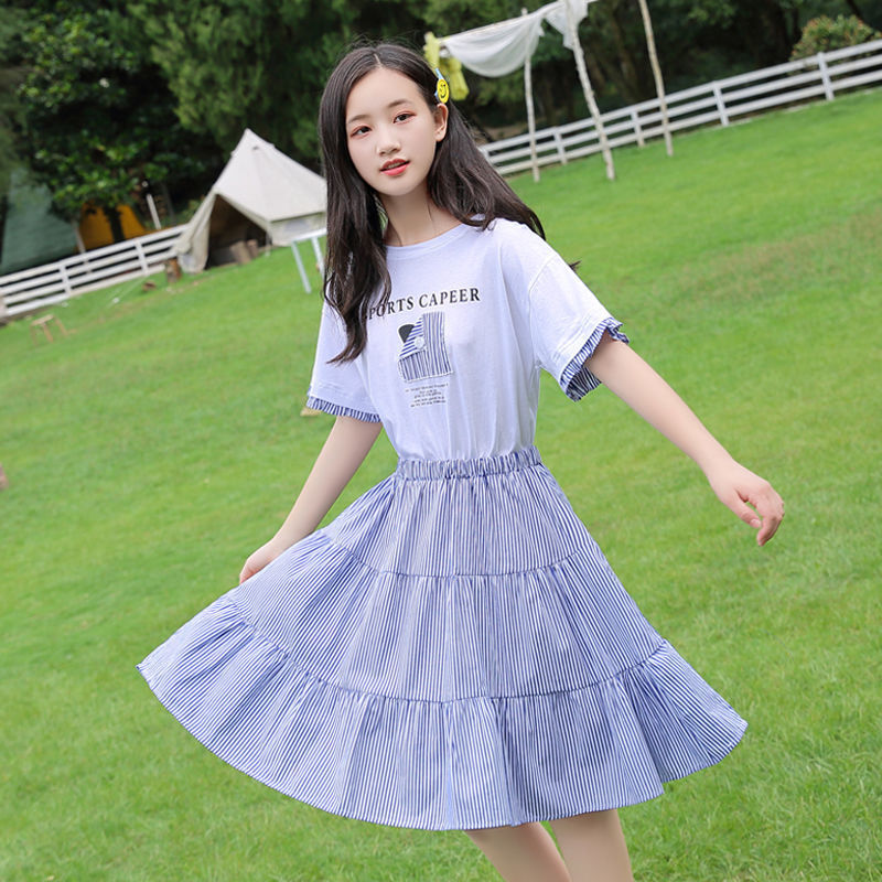 包邮13少女胖女童显瘦裙子16岁短袖大码中长款宽松新款夏初中生连