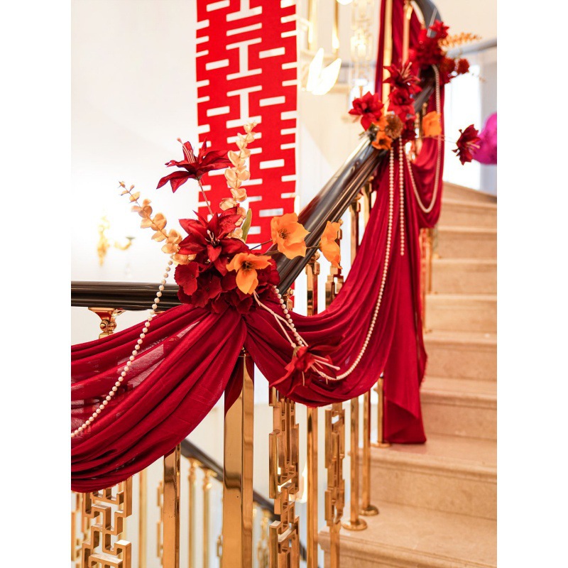 布幔结婚楼梯扶手装饰婚房置套装订婚男方室内婚礼用品婚庆拉花热