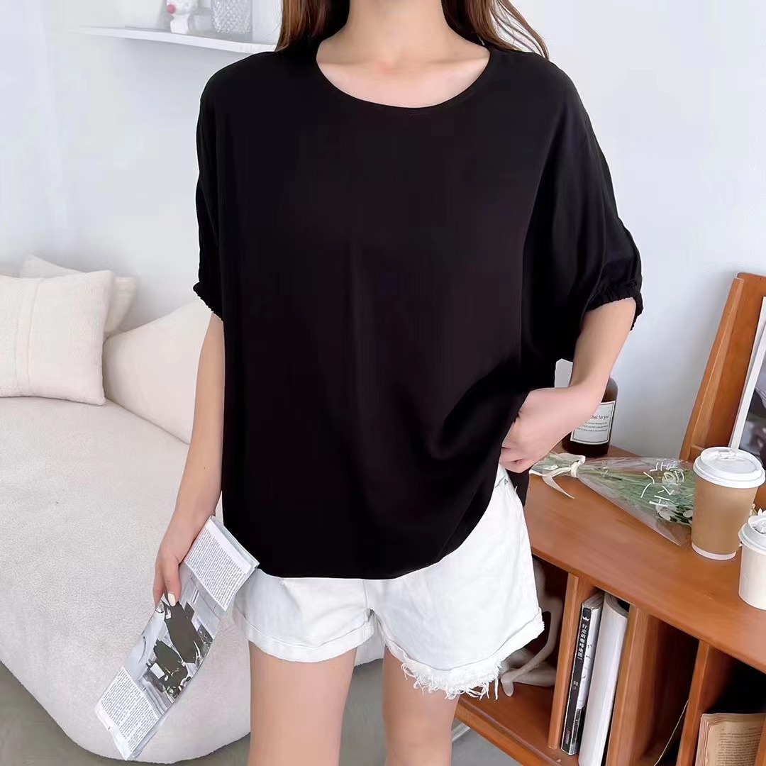 夏季纯色简约款松紧袖口女士短袖t 2240