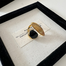 欧美复古黑玛瑙发晶异形戒指铜镀金小众设计高级感开口可调节指环