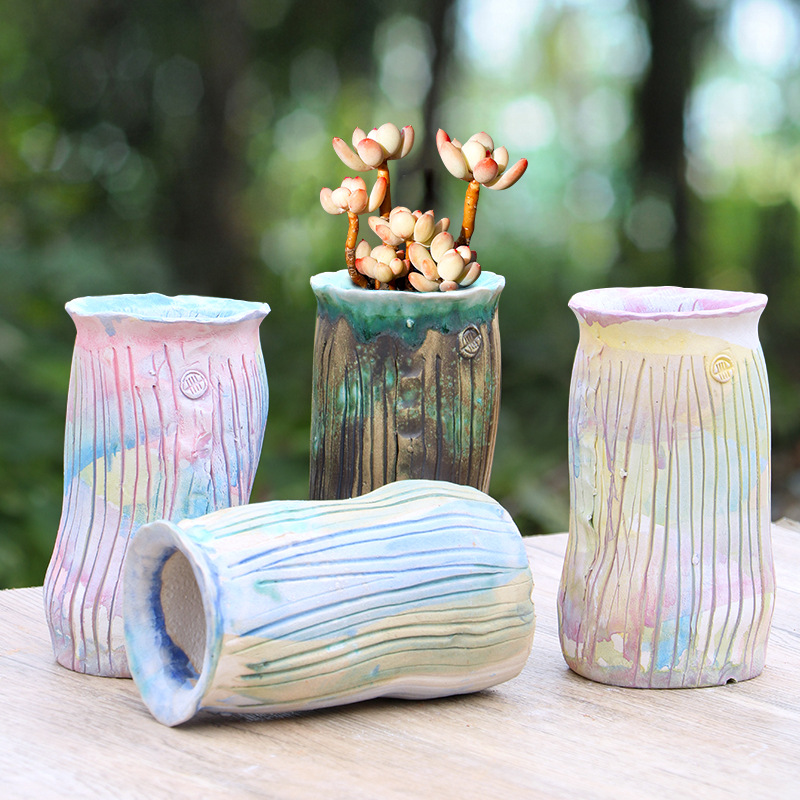 一卌小高桩粗陶透气吸水磨砂质感多肉花盆幻彩色法师盆