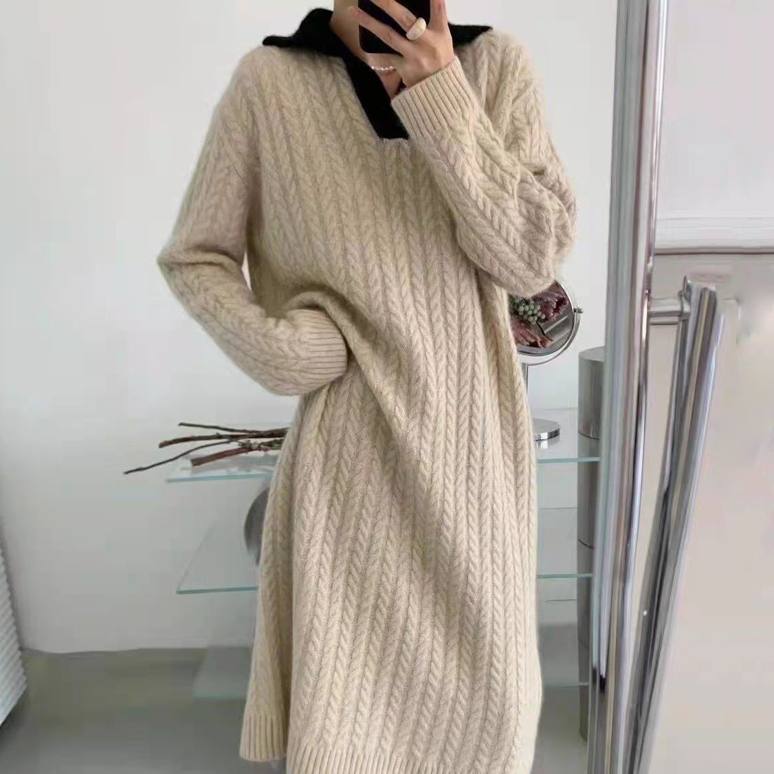 Idle Style Long Twist Knitted Dress for Women Autumn and Winter Thick French Elegant Peter Pan Collar Long Sleeve Sweater Skirt