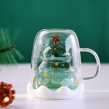 高硼硅带把手隔热双层杯圣诞树星愿杯高颜值带盖咖啡牛奶喝水杯