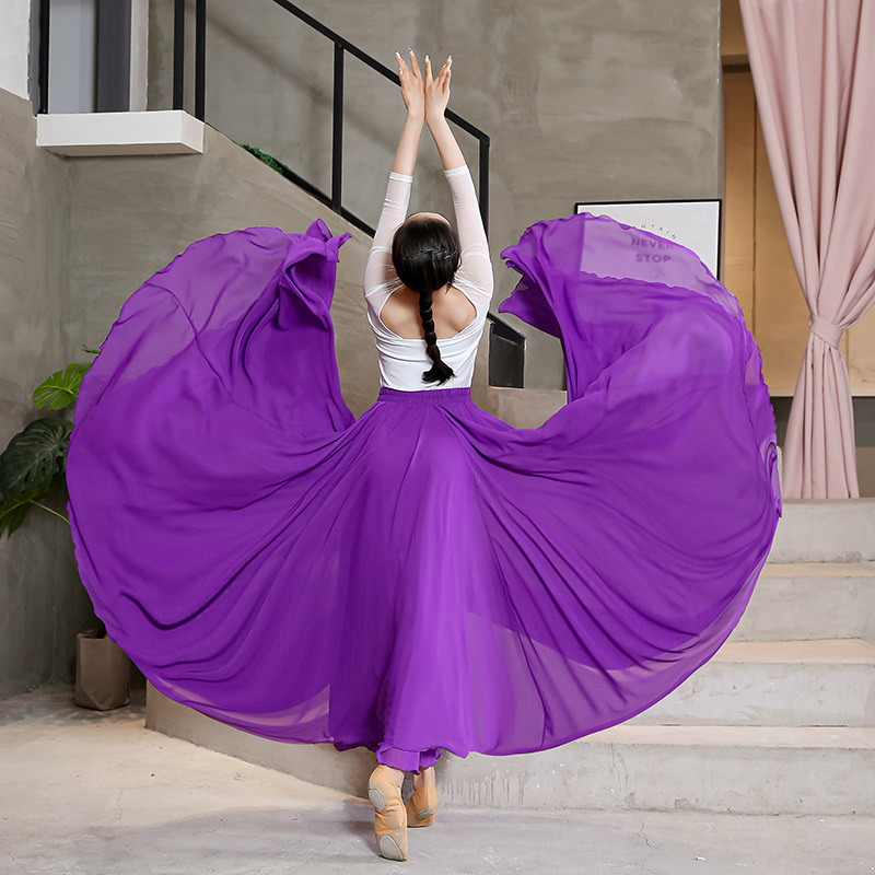 720度新款舞蹈半身裙女士双层超大摆雪纺跳舞长裙高腰仙女度假裙