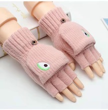 冬季新款女针织手套  韩版半指翻盖学生写字手套加绒保暖骑行手套