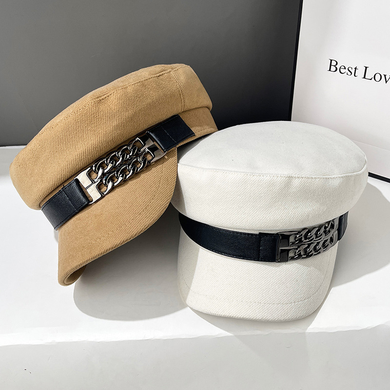 ins网红链条海军帽女韩版百搭英伦复古鸭舌帽秋冬日系平顶画家帽
