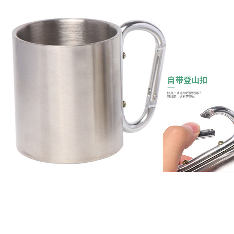 Foreign Trade Double-Layer Stainless Steel Outdoor Camping Water Cup Climbing Button Carabiner Handle Mark Cup Lettering Logo Coffee Cup