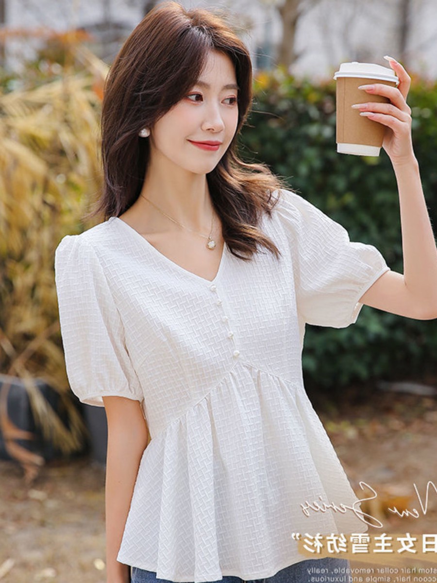 White Chiffon Shirt 2023 New Fairy Small Shirt Waist Tight Tummy Hiding Short Sleeve Summer Temperament V-neck Top for Women