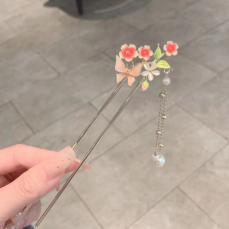 古风桃花金属发簪猫眼石吊坠女后脑勺盘发簪子流苏汉服头饰配饰