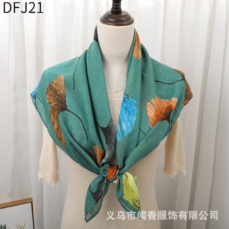 90 Large Kerchief Women's Vintage Ethnic Style Scarf Ginkgo Leaf Printed Silk Scarf Sun Protection Keeping Warm Headscarf Cervical Support Scarf