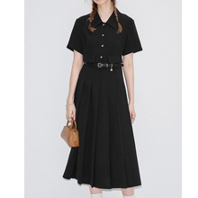 黑色连衣裙女潮2024年夏季新款小众设计感显瘦气质百褶衬衫裙长款