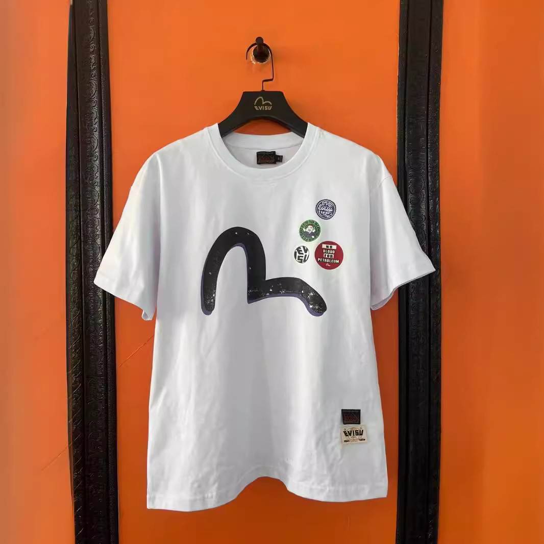 evisu福神t恤男士2024新款字母印花夏季潮牌纯棉宽松情侣款短袖