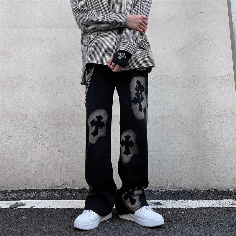 Hong Kong Style Autumn Street Pants Design Men's Ins Retro Alphabet Straight Jeans Hip Hop Loose Wide Leg Pants