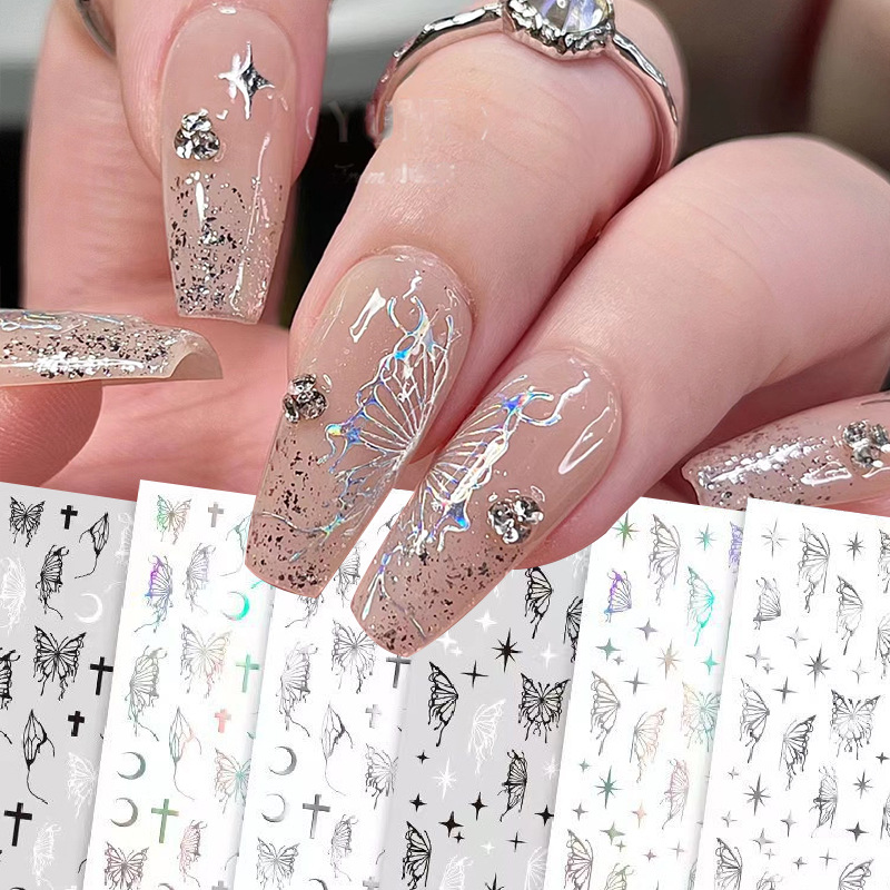 爆款蝴蝶美甲贴纸小红书热卖镭射网红液态蝴蝶星芒指甲小图案贴花
