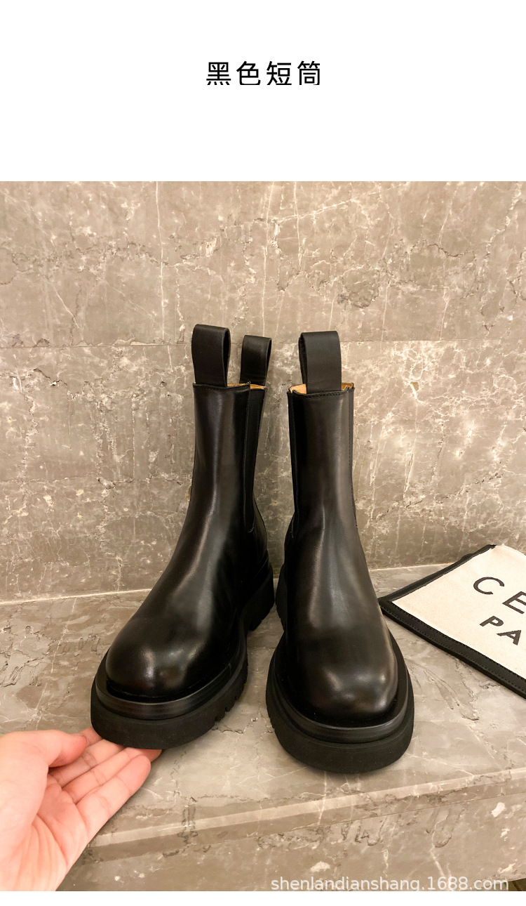 全牛皮~kodibv切尔西烟筒短靴中筒真皮厚底英伦风马丁靴春秋单靴