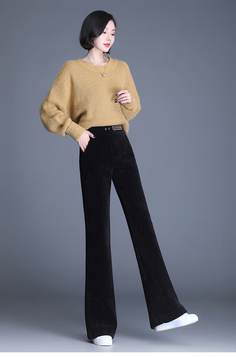 全松紧腰雪尼尔微喇长裤复合一体绒保暖深裆喇叭裤条绒休闲长裤女