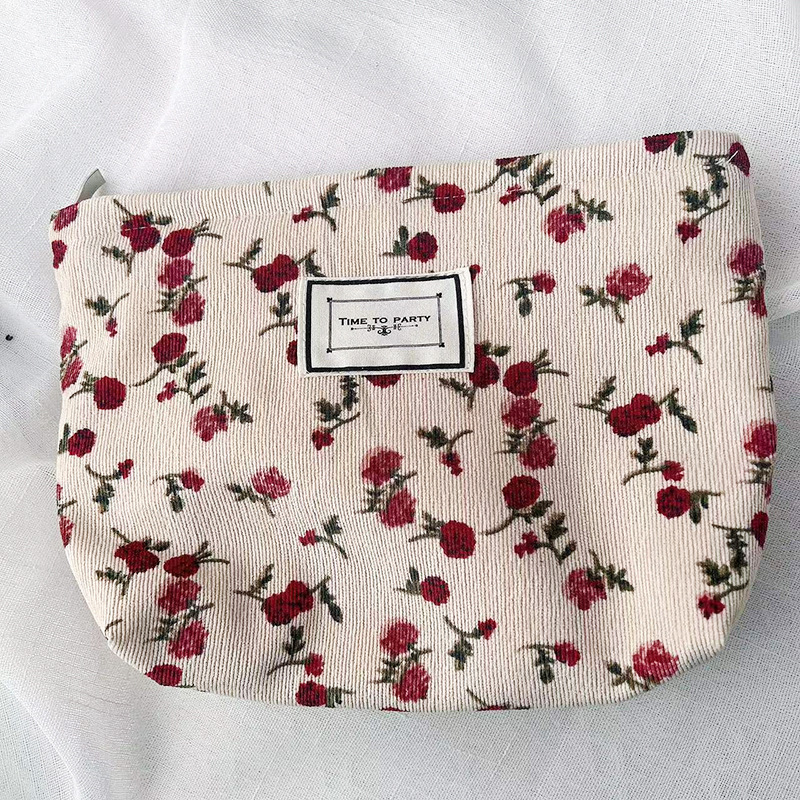 Corduroy Cosmetic Bag Contrast Color Flower Texture Niche Buggy Bag Retro Fashion Zipper Portable Toiletry Bag