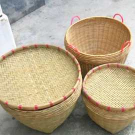 家用圆形结婚竹筐竹篓编制品簸萁田园纯手工扁担筐大小号箩筐竹编