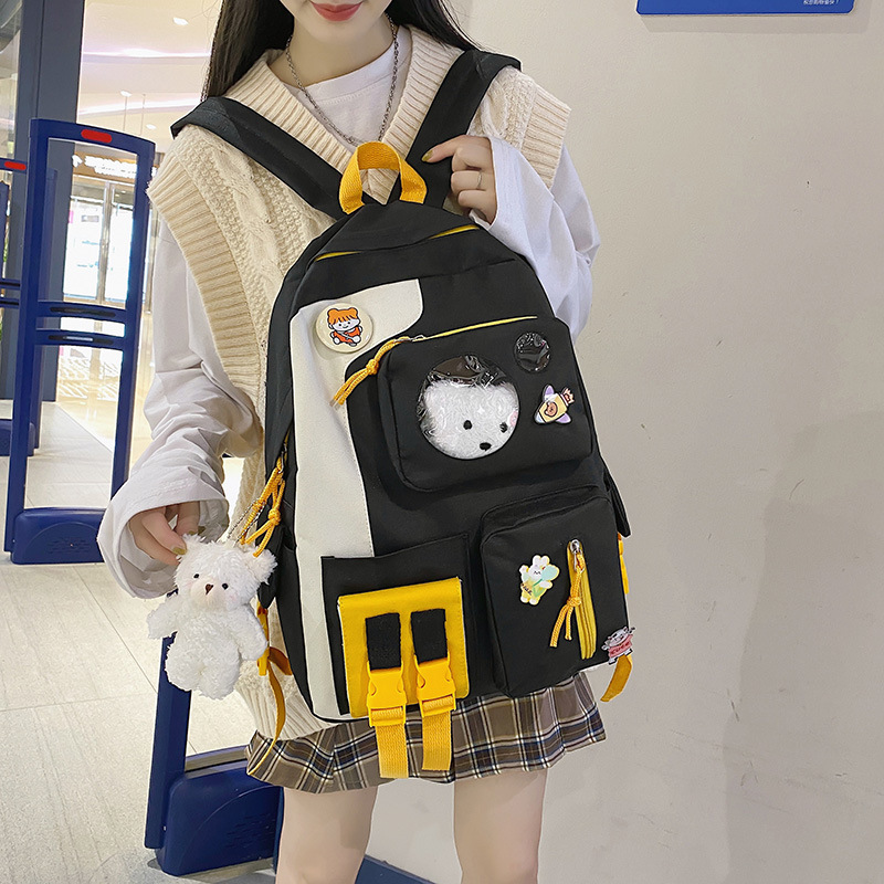 2022 Spring New Patchwork Contrast Color Korean Junior High School Schoolbag Large Capacity Four-Piece Backpack Travel Backpack