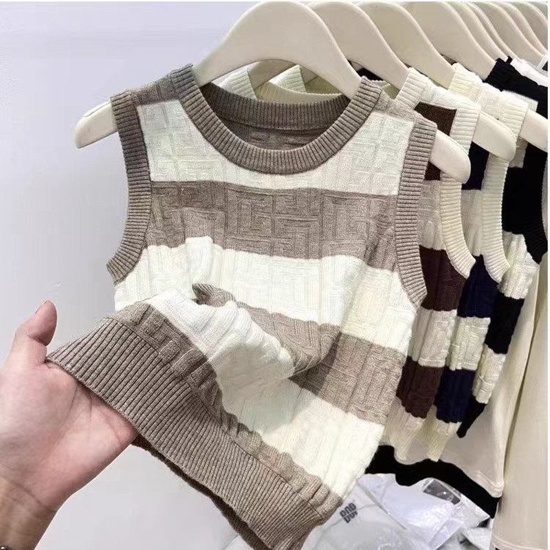 Contrast Color Striped Sunken Stripe Sleeveless Knitted Vest Women's Autumn and Winter 2024 New Suit Inner Wear Waistcoat Outerwear Fashionable Top