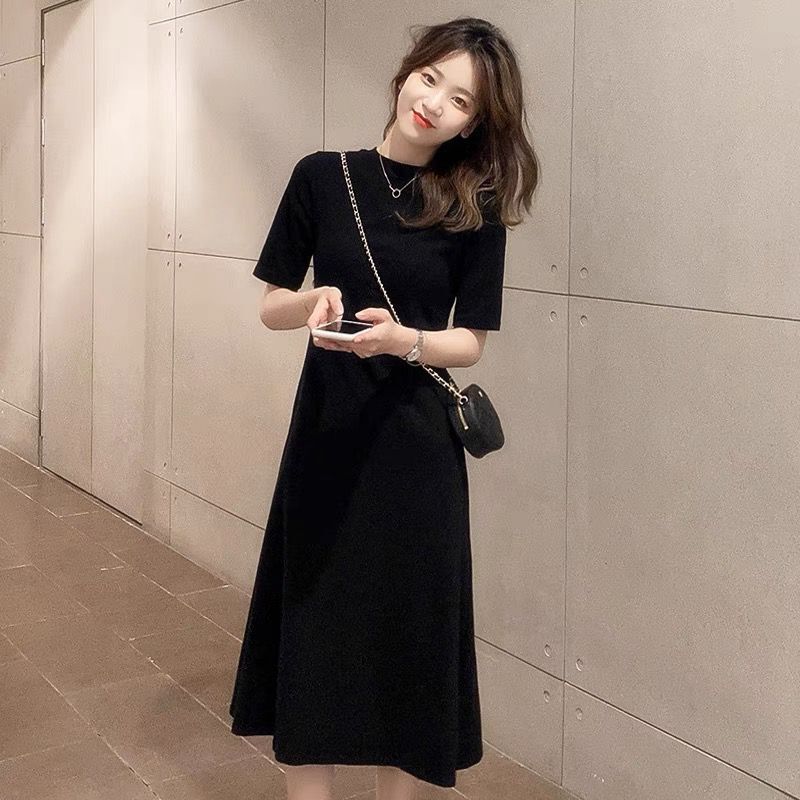 黑色法式过膝连衣裙女潮春夏装新款韩版收腰显瘦短袖中长裙子批发