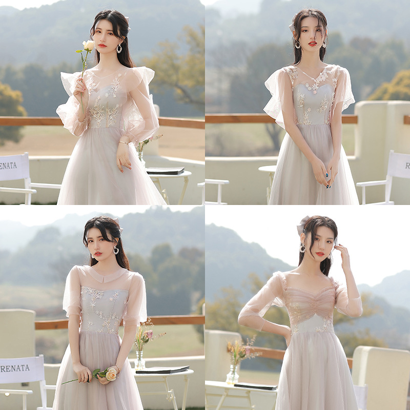 伴娘服2022新款春季粉色婚礼小个子姐妹团礼服简约中长款伴娘服