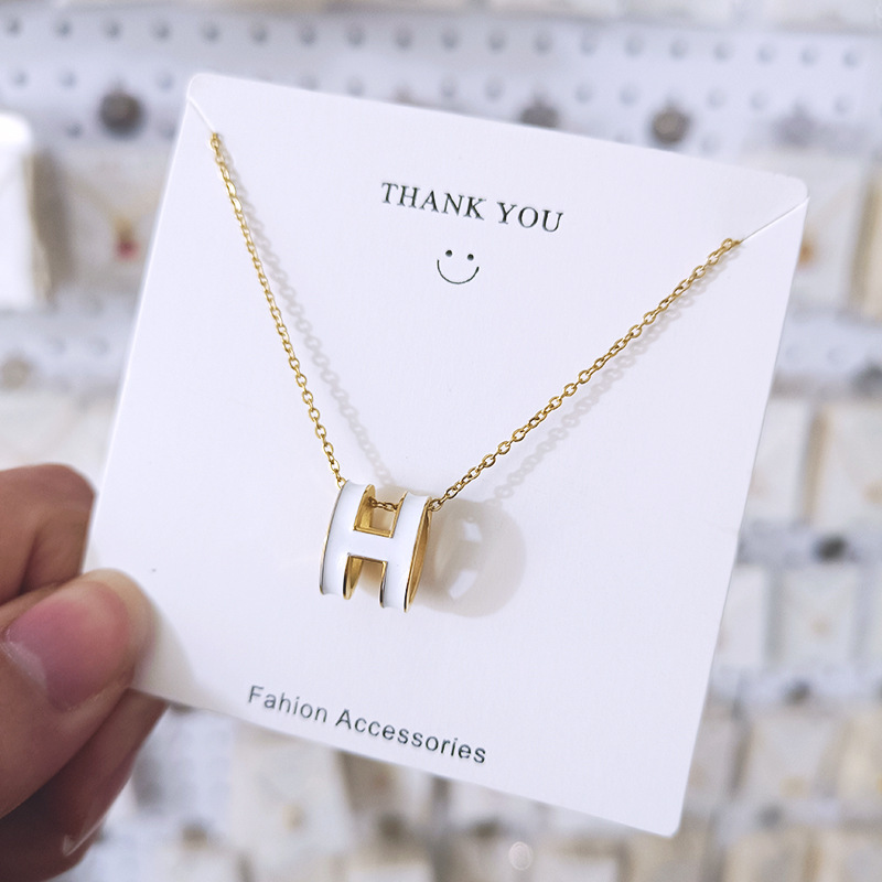 Korean Style Personalized H Letter Pendant Ins Trendy Light Luxury Epoxy Titanium Steel Necklace Female Online Influencer High Sense Clavicle Chain Neck Chain