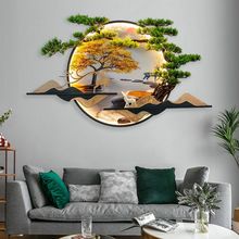 新中式挂画玄关客厅沙发墙上装饰品立体迎客松圆形带灯铁艺壁饰