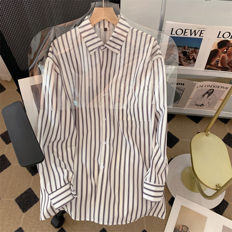 Hong Kong Style Retro Striped Long-Sleeved Shirt Dignified Sense of Design 2023 Autumn New Korean Style Loose and Lazy Style Top for Women