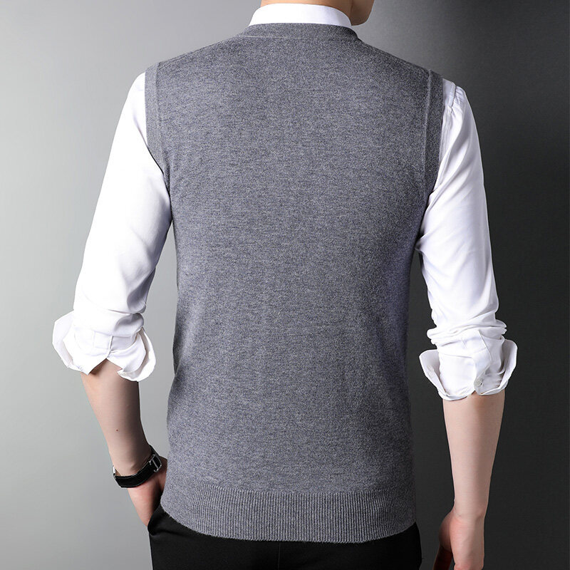 山羊绒背心男士v领秋冬加厚刺绣中年商务休闲无袖羊毛衣坎肩