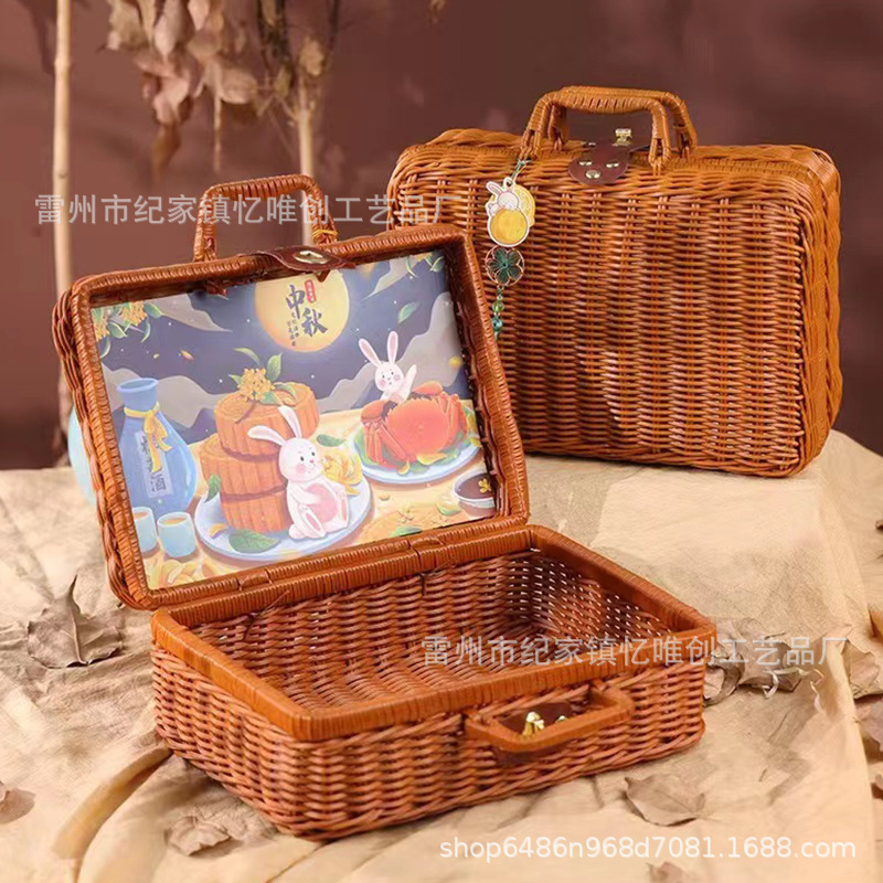 Rattan Suitcase Hand Gift Weaved Storage Basket Storage Box Mid-Autumn Festival Moon Cake Gift Box Retro Decoration Bag Basket