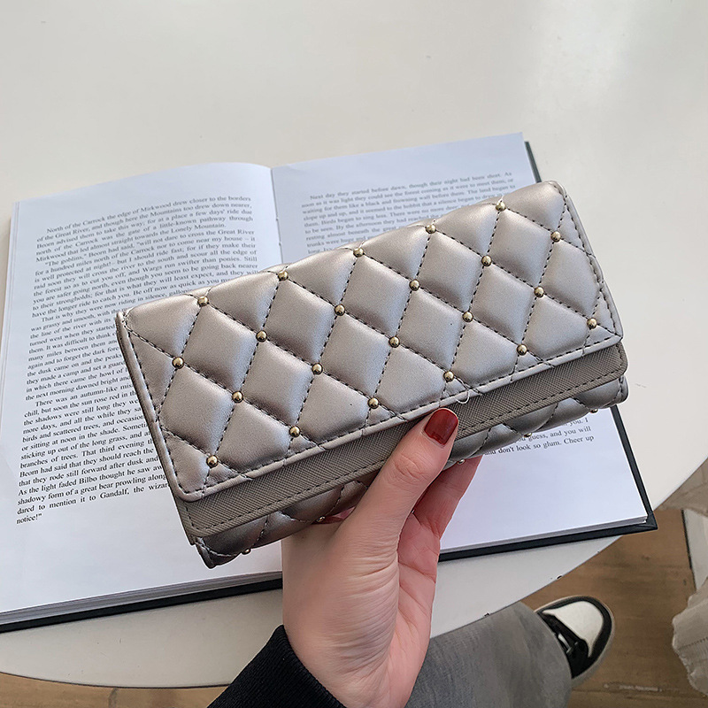 Korean Style New Ladies' Purse Women's Bag Fashion Retro Rivet Diamond Plaid Tri Fold Wallet Large Capacity Card Holder Women's Wallet