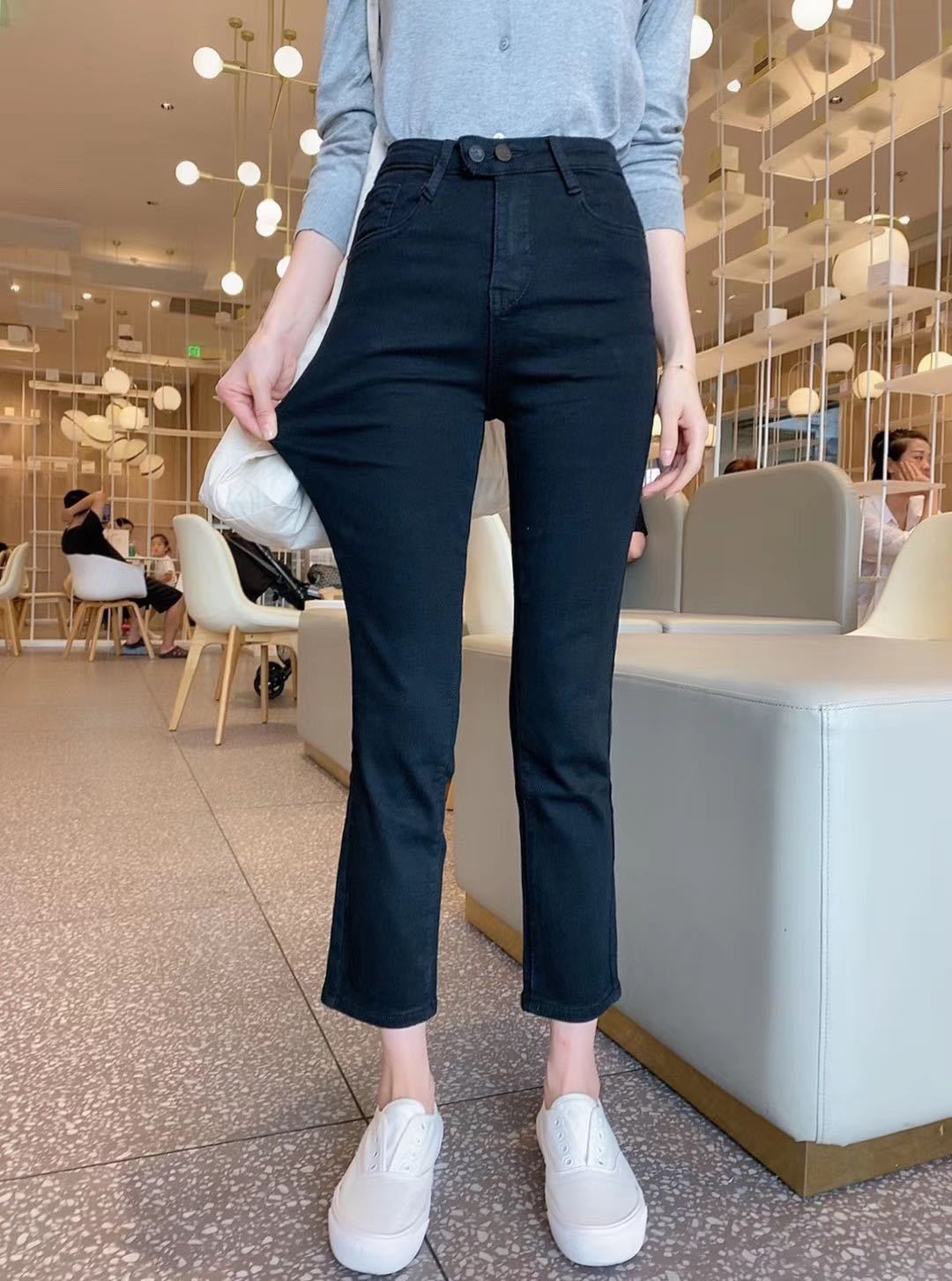依格米娜时尚烟筒裤纯色高腰弹力显高显瘦修身直筒休闲牛仔女批发