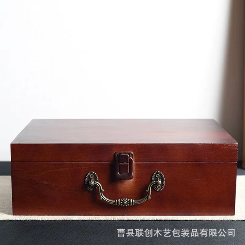 Wooden Souvenir Collection Box Gift Box with Lock Desktop Storage Box Square Belt Handle Solid Wood Storage Box