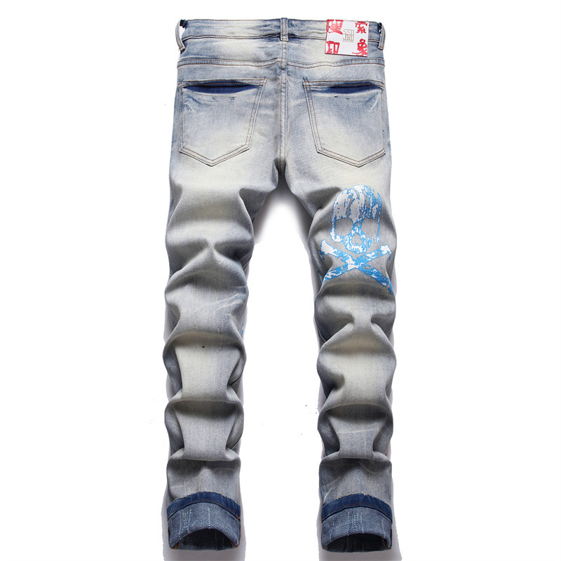   Foreign Trade Style Punk Trendy Retro Blue Ripped Slim Elastic Printing Printing and Dyeing Feet Men's Jeans 3293