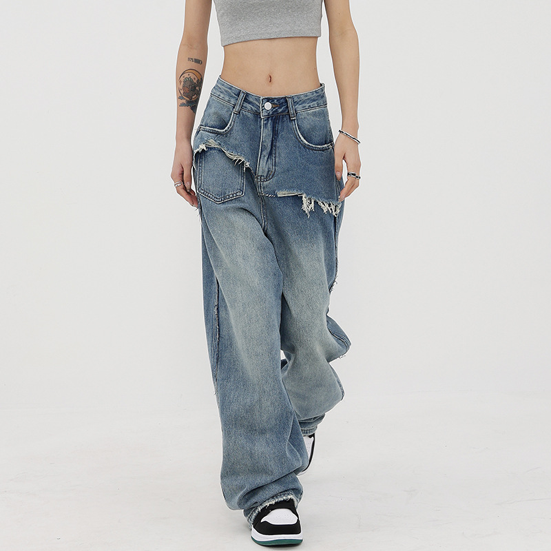Ken Studio Design Sense Retro Wide Leg Jeans for Women 2023 Spring and Summer New High Waist Straight Mop Pants