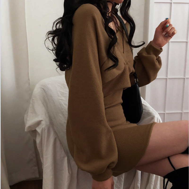棕色吊带连衣裙 短款罩衫两件套装2022春螺纹棉长袖短裙包臀裙子