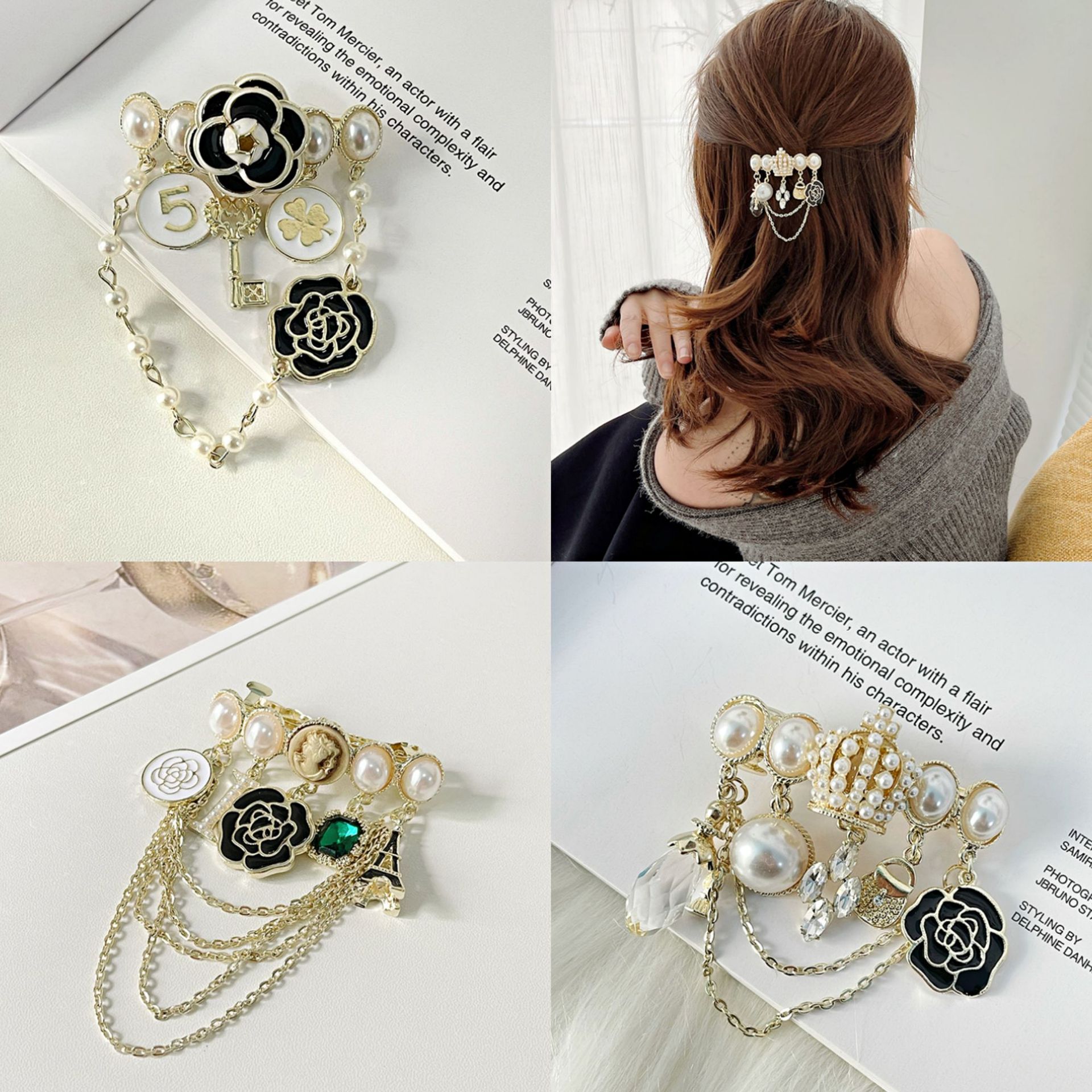 韩国小香风新款山茶花发夹金属皇冠流苏弹簧夹顶夹网红发饰头饰女