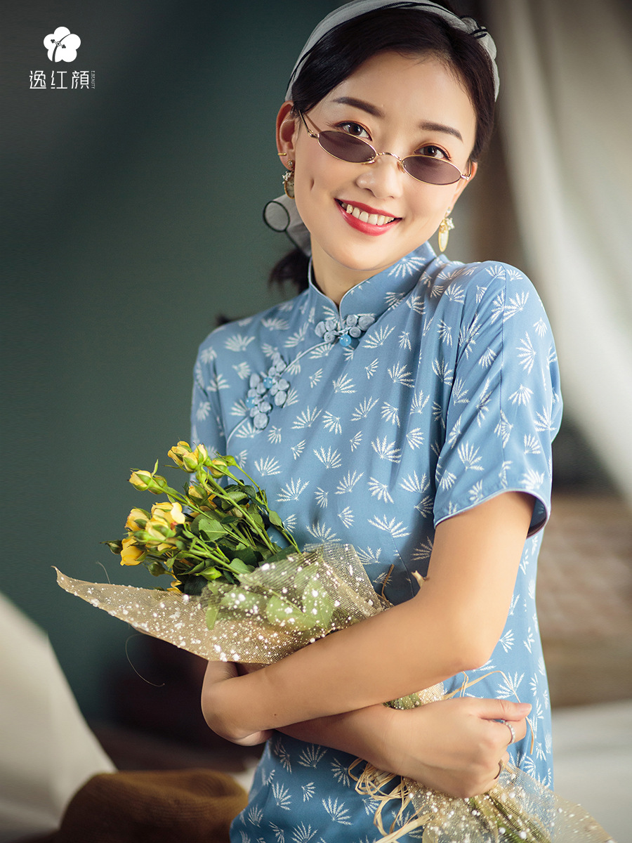 逸红颜浮生梦年新款雪纺改良旗袍旗袍短袖中长款连衣裙女