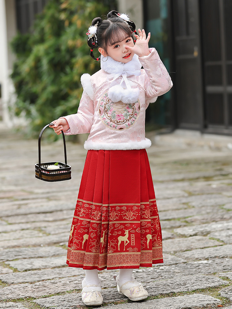 Hanfu Girl 2024 Children's New Thickened Improved Horse-Face Skirt Autumn and Winter New Year Greeting Tang Suit Ancient Style Fleece-Lined Suit