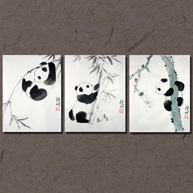批发手绘国宝熊猫竹子画水墨动物条幅斗方家居装饰风景画