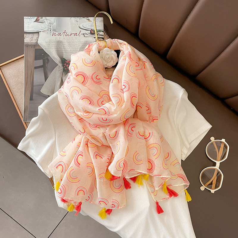 Summer Rainbow Thin Cotton and Linen Feel Scarf Women's Scarf Shawl Dual-Use Air-Conditioned Room Warm Scarf Tassel Pendant