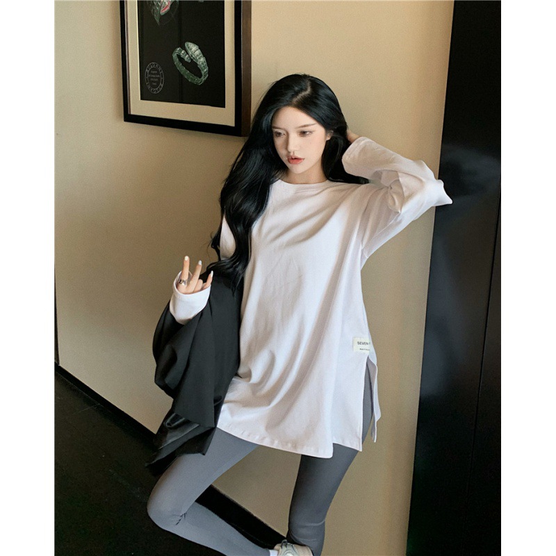 实拍~实价 白色t恤女加绒磨毛打底衫长袖宽松卫衣叠穿长款内搭白t