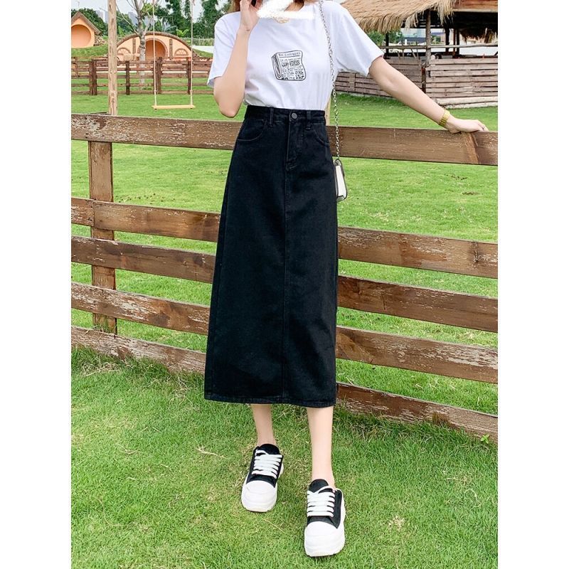 Denim Skirt Women's Small Back Slit Denim Skirt 2022 High Waist A- line Slimming Mid-Length Hip Skirt