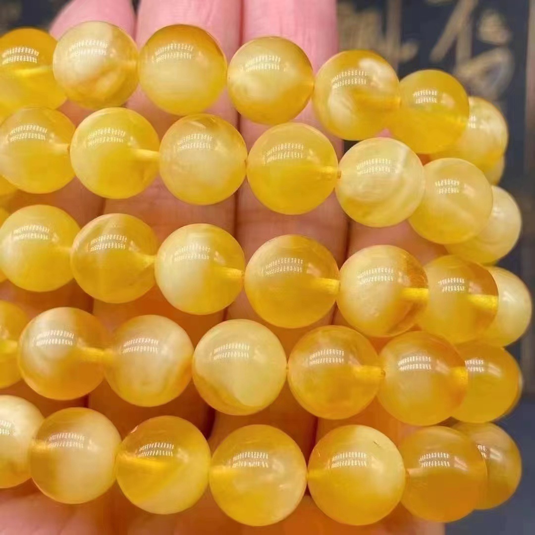 天然俄料蜜蜡手串无杂白花鸡油黄蜡质妖娆diy蜜蜡手串直播供货